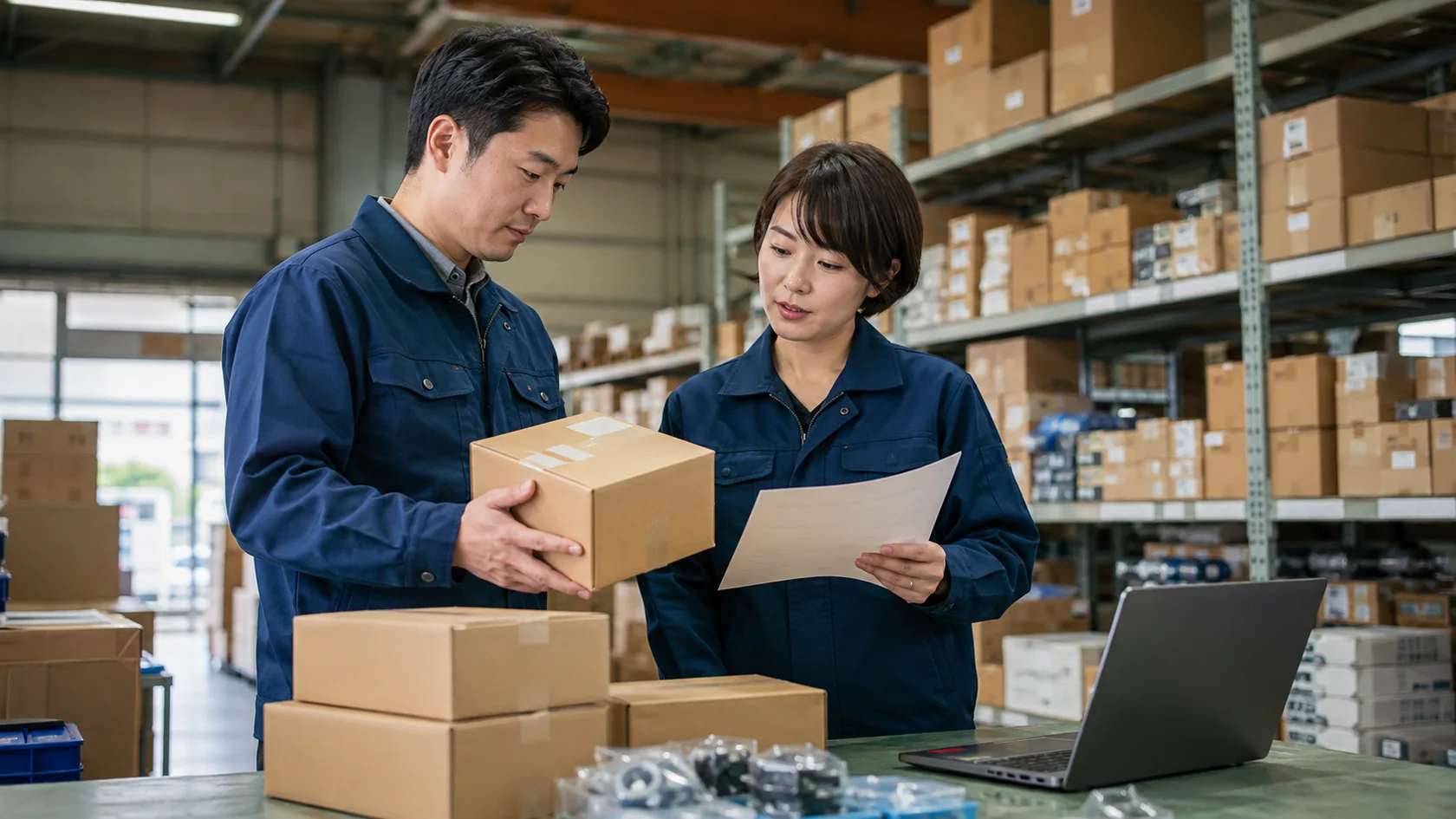 メーカー品番・出荷箱と得意先検収を照合する架空産業部品卸（AI生成の説明用イメージ）