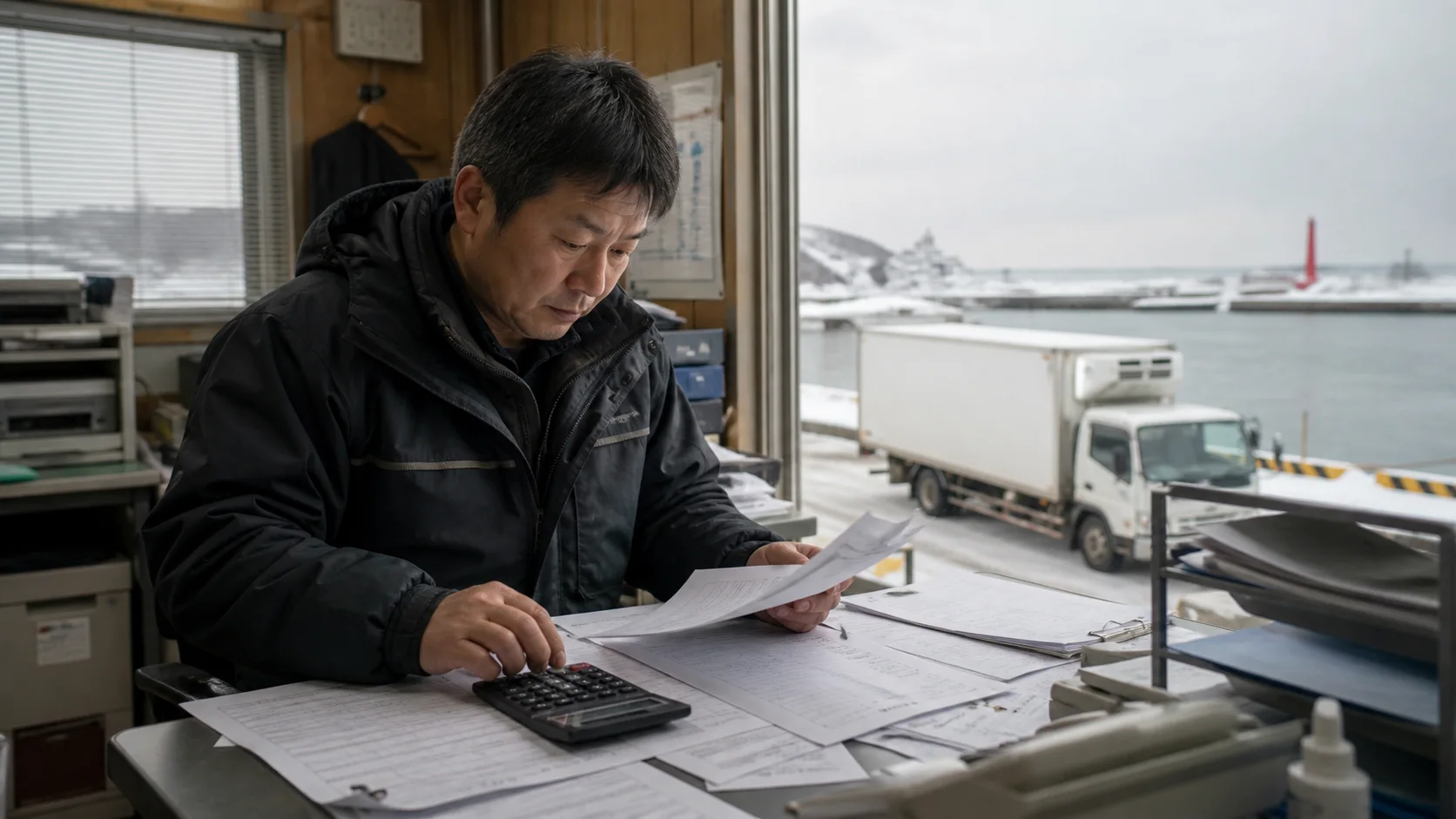 留萌市で水揚げ期の原料買付け・氷・人員、魚卵等の加工・熟成・包材、冷蔵倉庫の電力、港湾輸送燃料、冬の工事・除雪・荒天変更費の支払いを点検する事業者