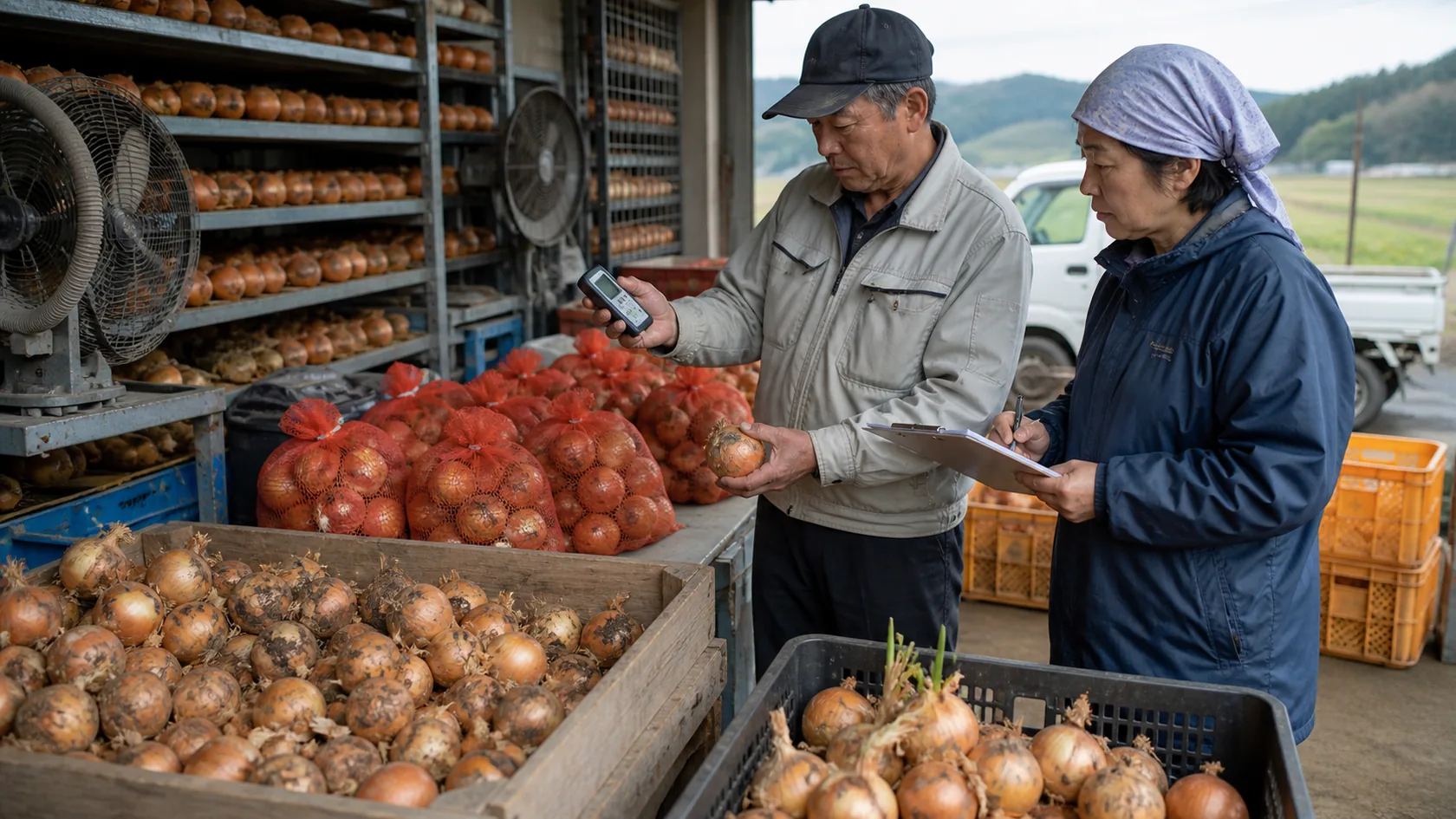 白石町のたまねぎ乾燥施設で腐敗・芽出し品を再選別する生産者