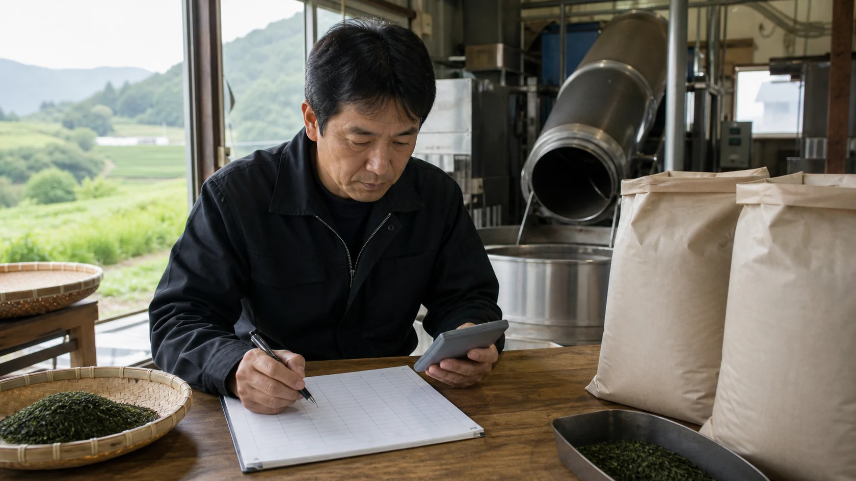 茶園台帳と荒茶検査明細を確認する架空の茶農家（AI生成の説明用イメージ）