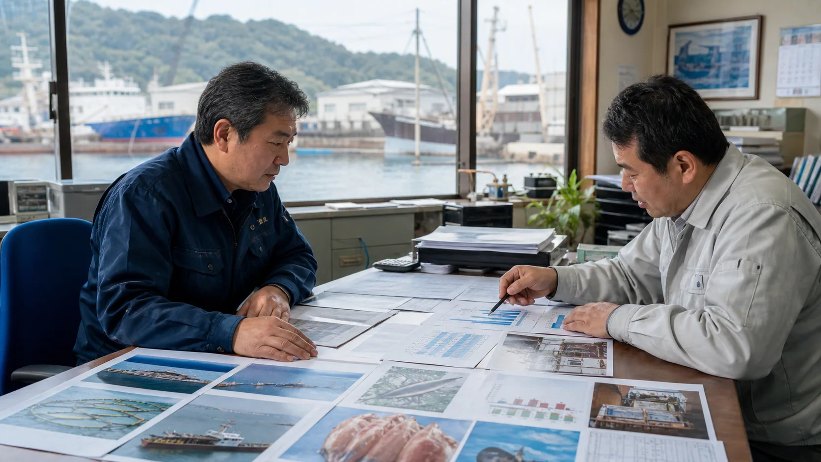 佐伯市の経営者が船舶工程表と冷凍在庫から資金不足週を確認する場面