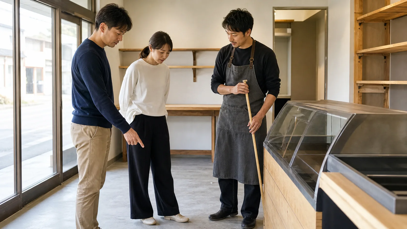 西都市の新規店舗予定地で無地の設備と内装工程を確認する創業者