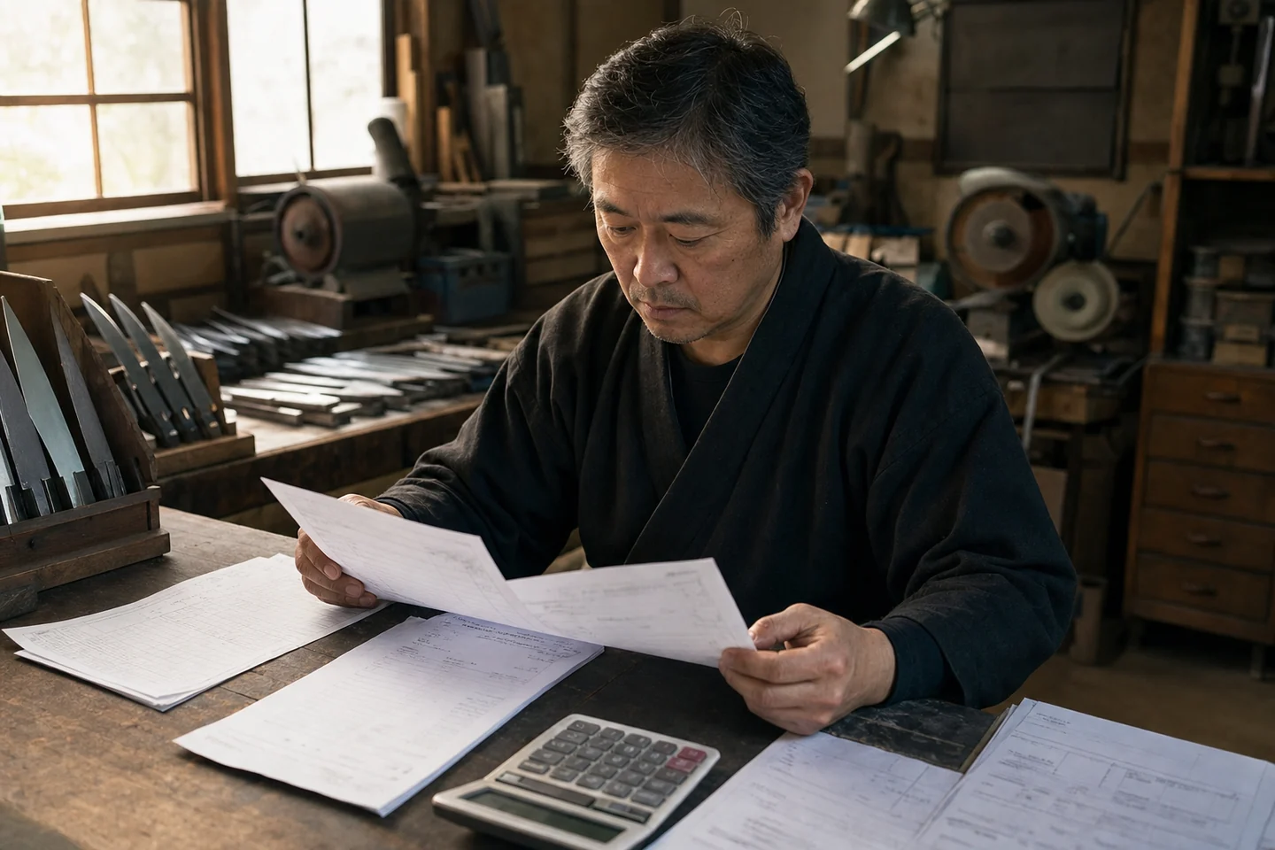 堺市の刃物加工場で経営者が鋼材費と研磨外注費の請求書を確認する様子