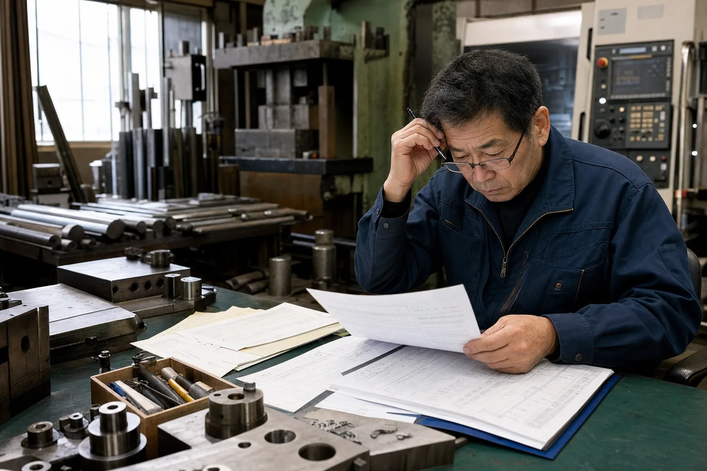 三条市の機械加工事業者が鋼材費と鍛造・熱処理外注費を確認する様子