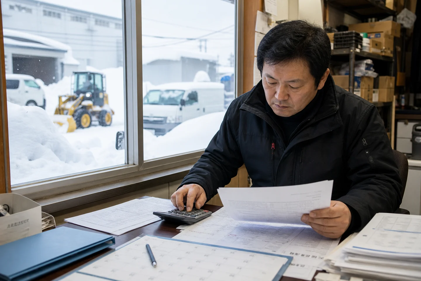 札幌市の事業者が除雪費や暖房費の支払書類を確認する様子