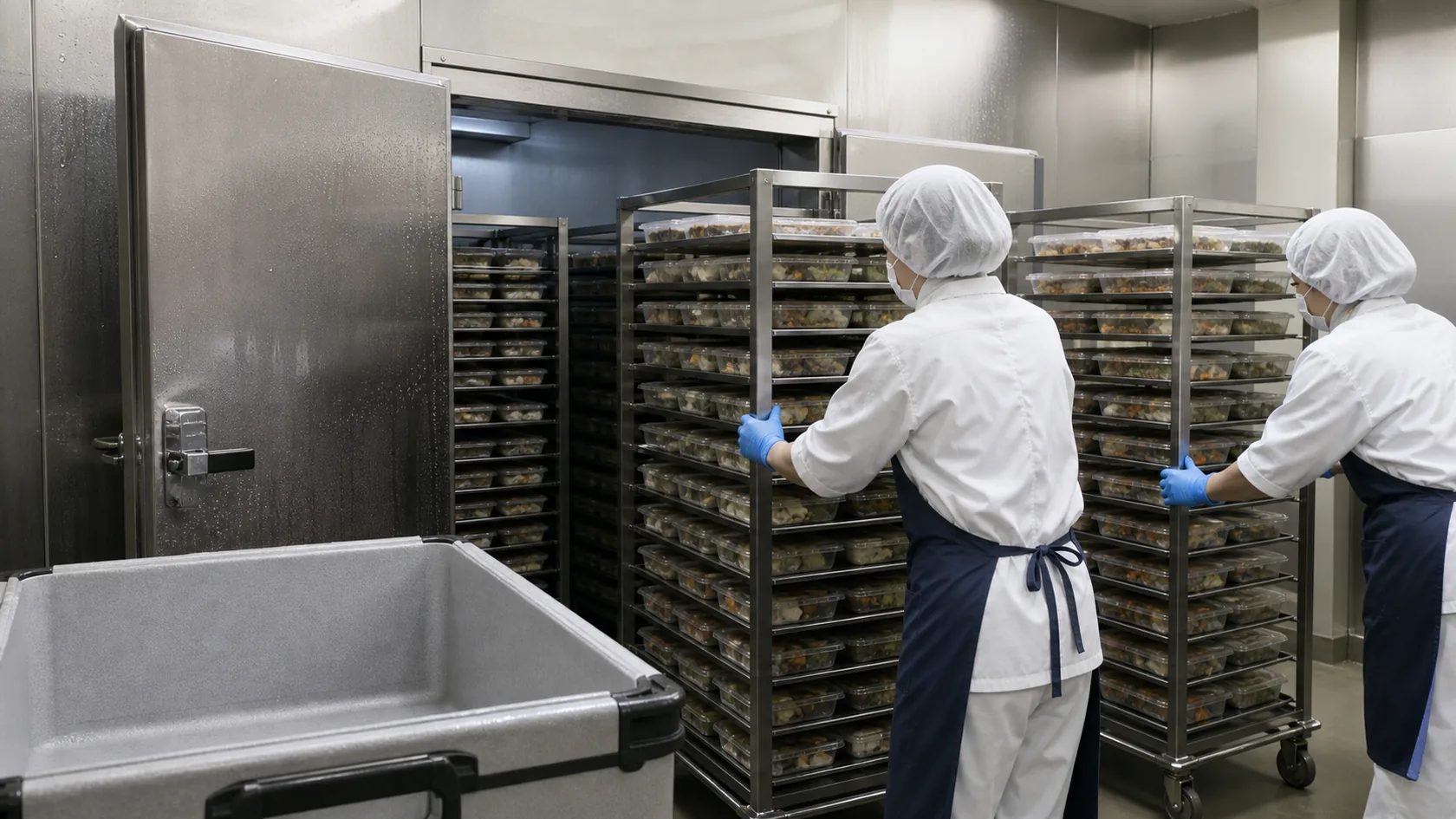 篠栗町のチルド食品工場で、調理済みトレーを載せたラックを冷却庫へ搬入する作業者
