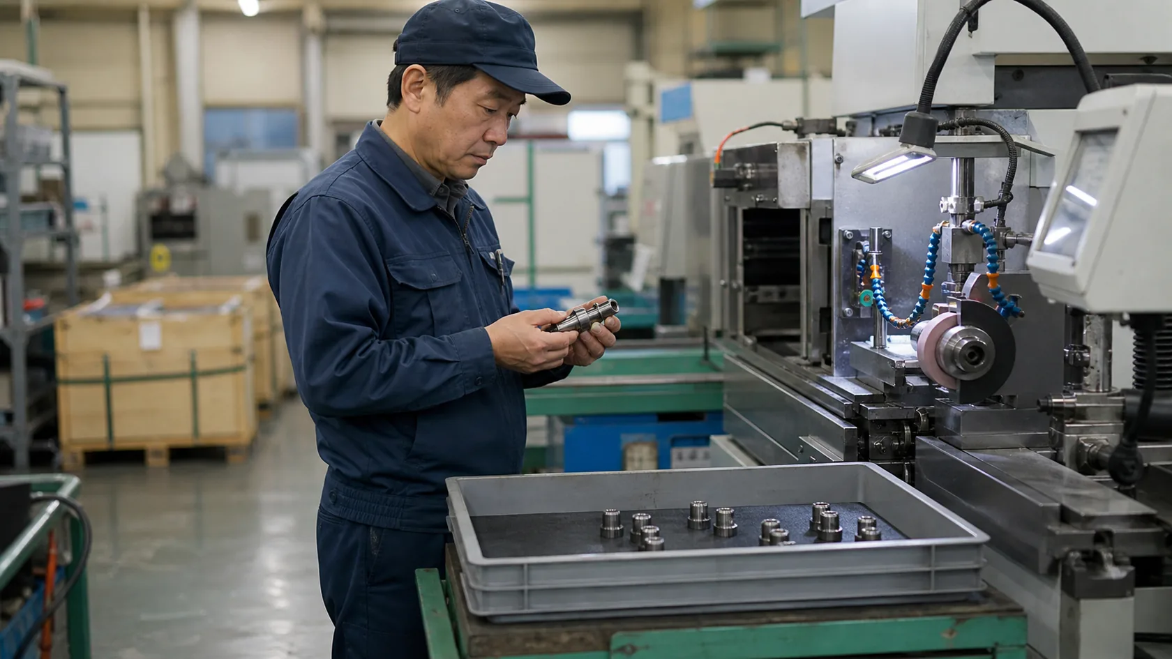 里庄町の精密加工工場で寸法外れとなった工作機械部品を確認する作業者