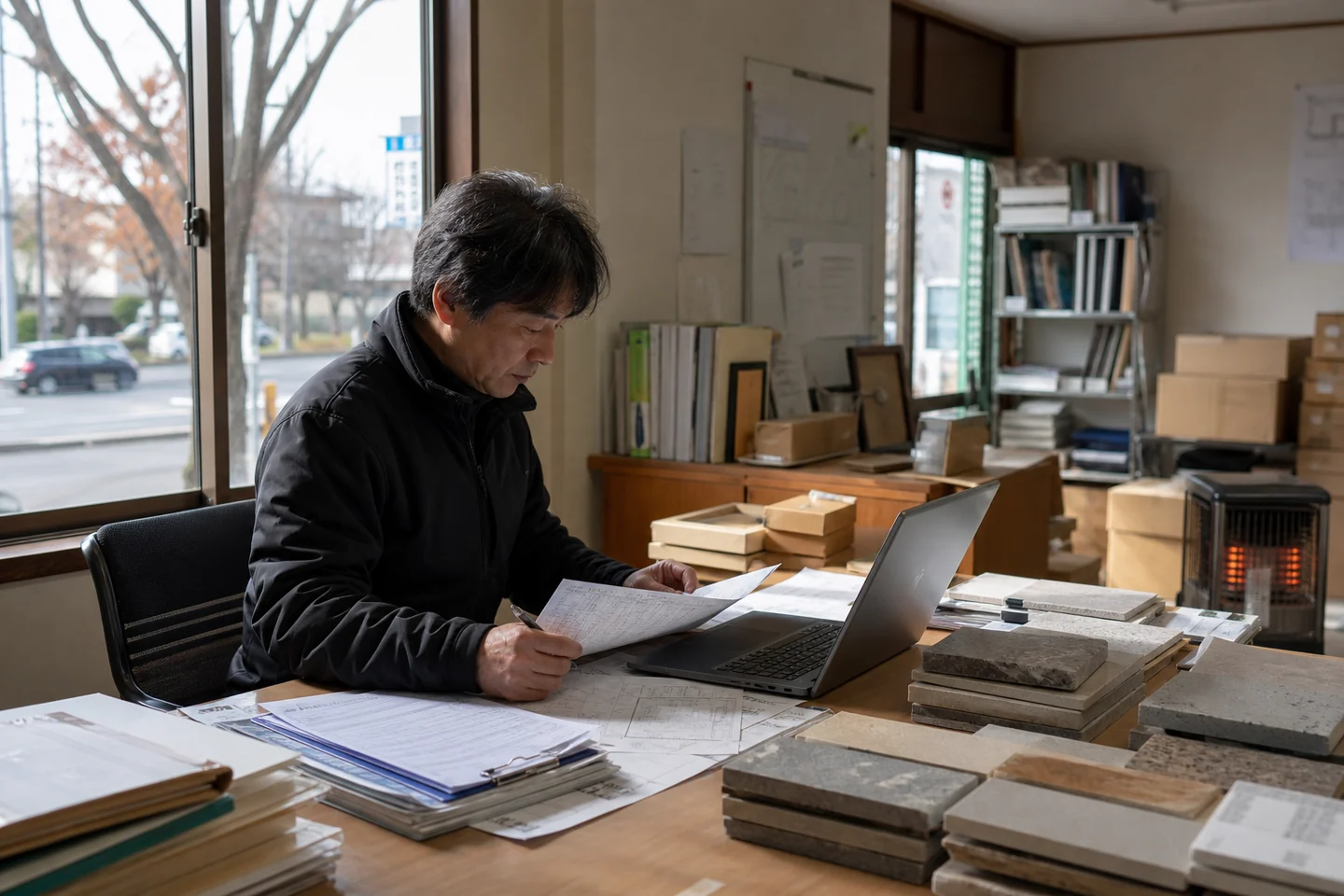 仙台市の建設・卸売・IT事業者が材料と仕入れと給与の支払予定を確認する様子
