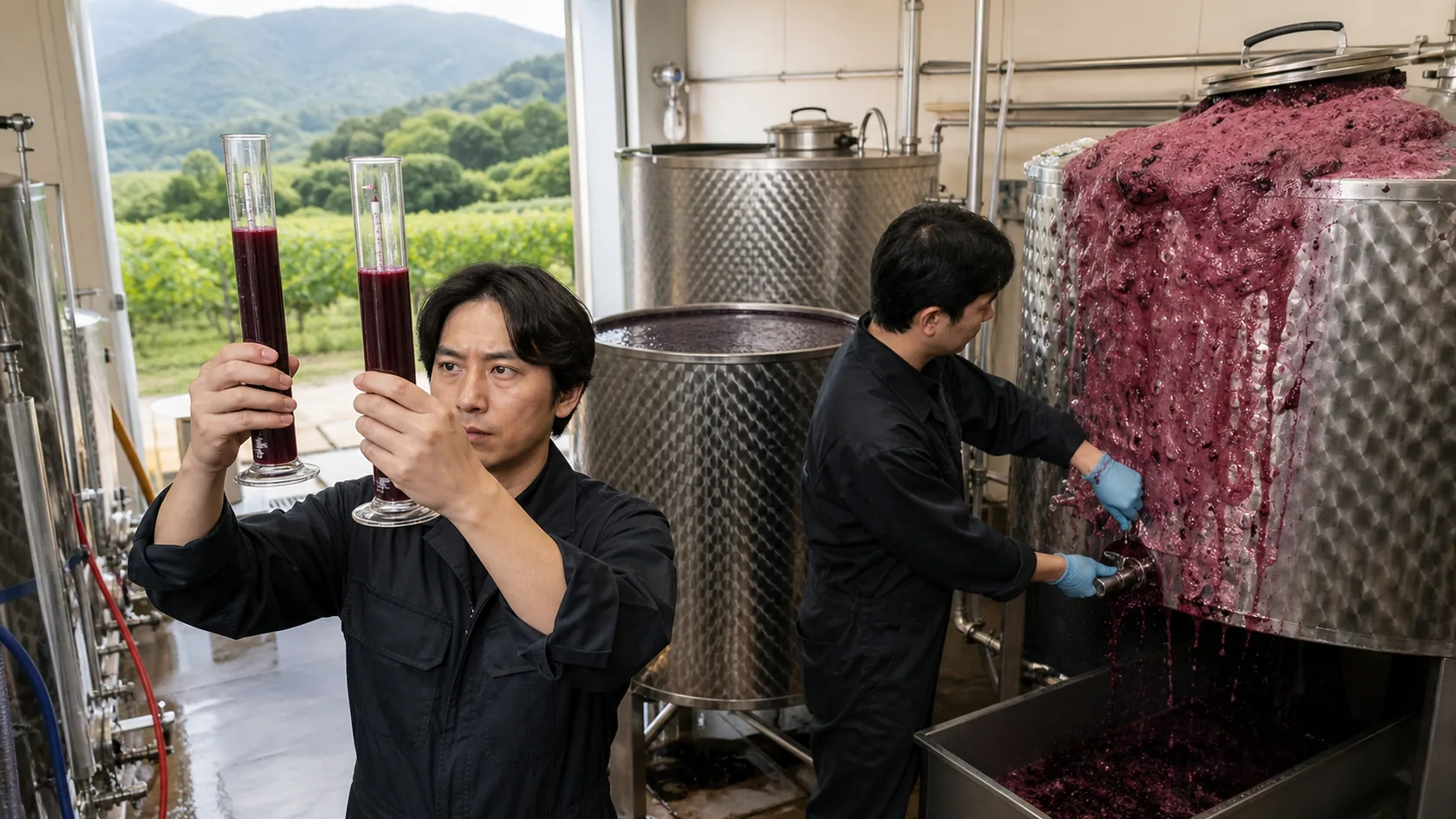 世羅町のワイナリーで発酵温度と比重のずれたタンクを確認する醸造担当者