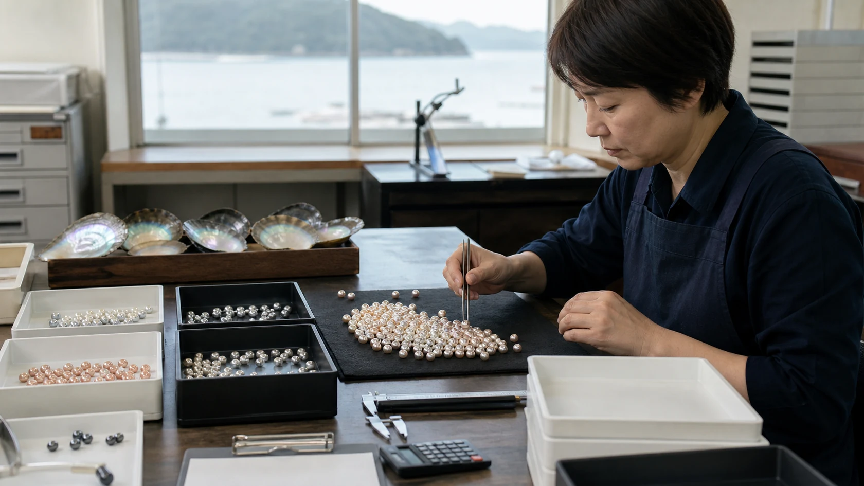 浜揚げ数と真珠選別票を確認する架空の養殖事業者（AI生成の説明用イメージ）