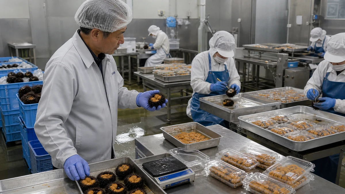 積丹町の水産加工室でウニ入荷ロット・殻割り歩留まり・異物除去・液切り重量・塩水パックの液漏れを確認し、出荷日を調整する場面を想定した生成イメージ（実在の施設・人物を撮影したものではありません）