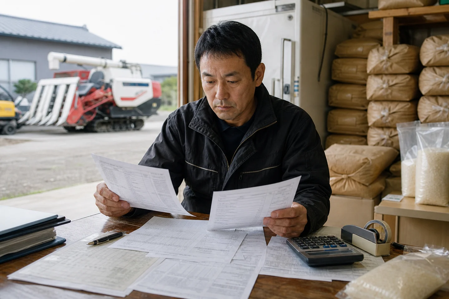 新発田市の事業者が原料費と包装費と農業機械費を確認する様子