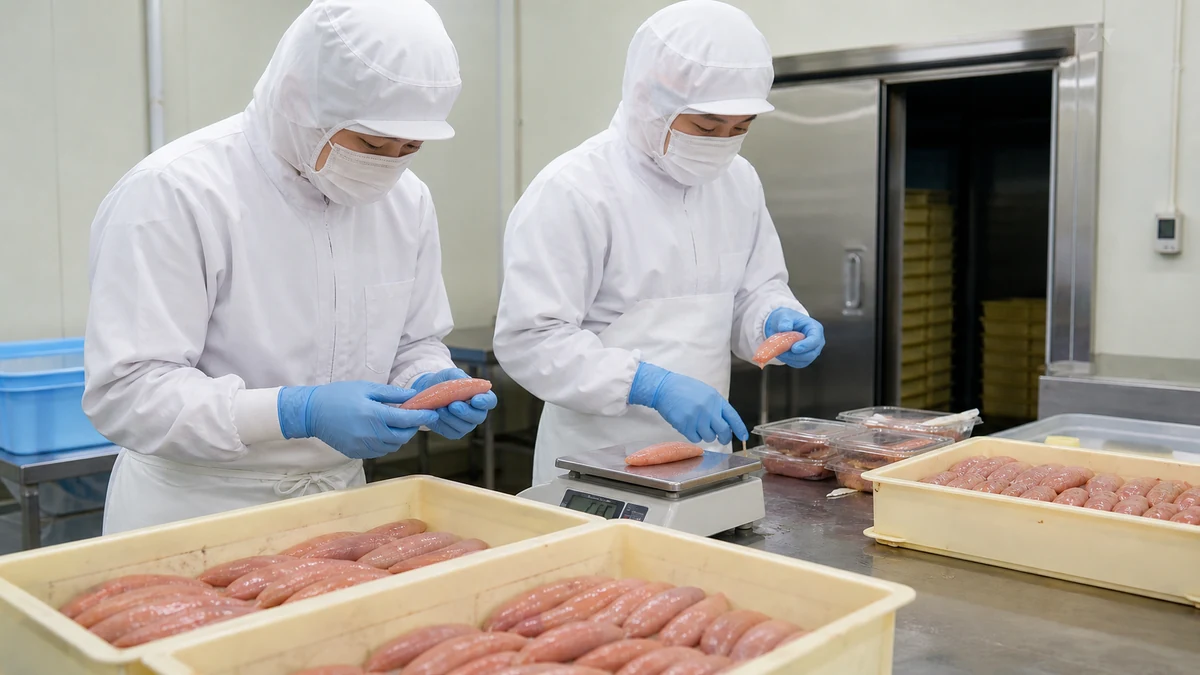 鹿部町のたらこ加工場で熟成ロット・品温・外観・異物・包装状態を確認し、冷蔵出荷数量を調整する担当者