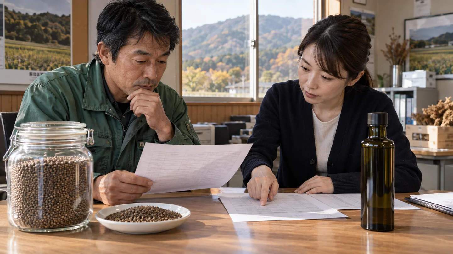 種子と瓶詰め油の数量資料を確認する場面（AI生成イメージ）