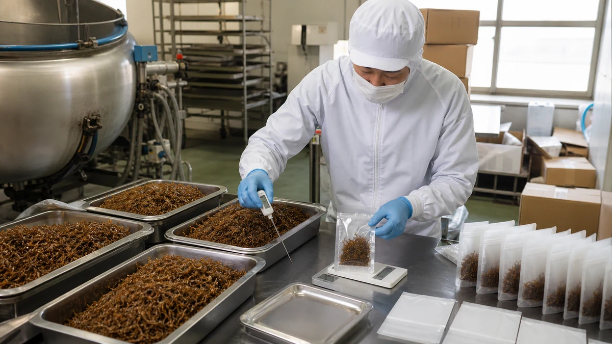 島牧村の小規模水産加工場でしらす佃煮の煮上がり・水分・冷却時刻・包装重量を確認し、出荷数を調整する担当者