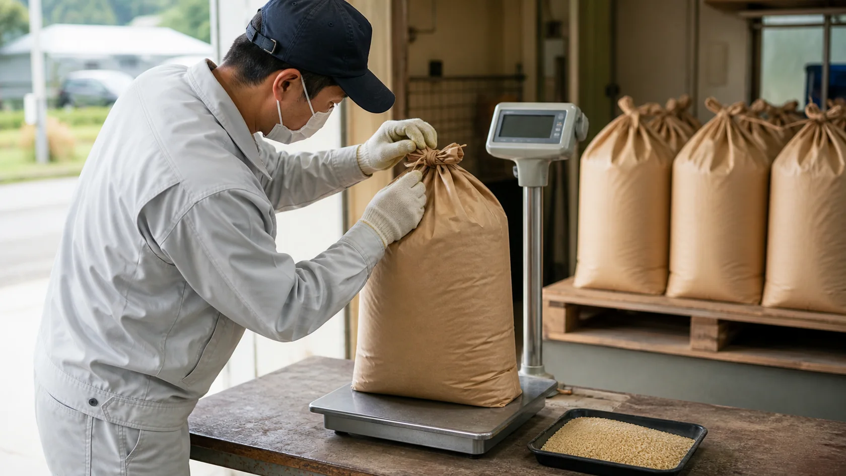 四万十町の玄米出荷モデルで計量台の米袋と封を点検する農業者（AI生成の説明用イメージ）