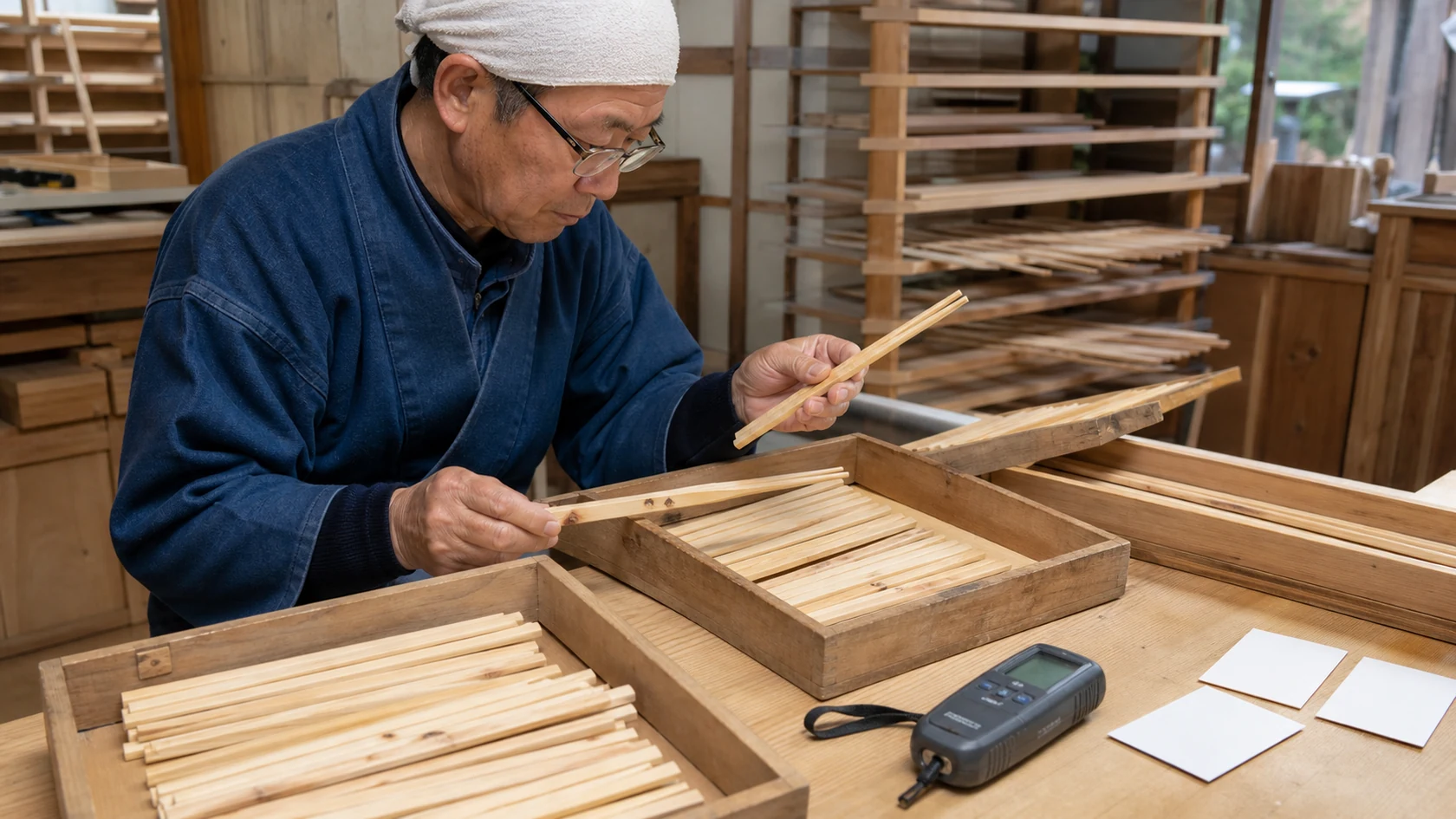 下市町の割箸工場で節・割れ・反り・表面傷のある箸を隔離し、乾燥と外観選別記録を照合する担当者