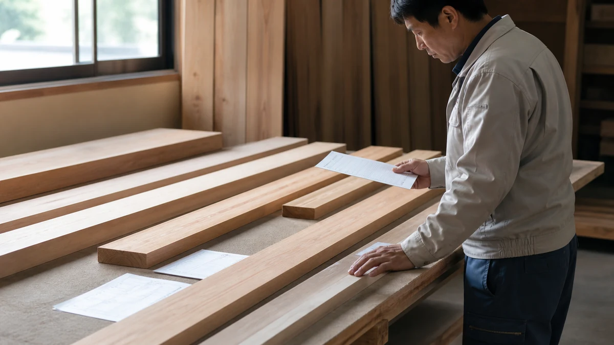 下川町の製材品出荷前に寸法と注文条件を確認する場面を想定した生成イメージ