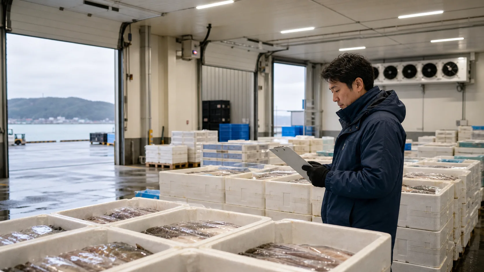 下関市の現場で魚価、冷蔵電力、港湾輸送、鋼材価格、検収延期による支払時期のずれを点検する担当者