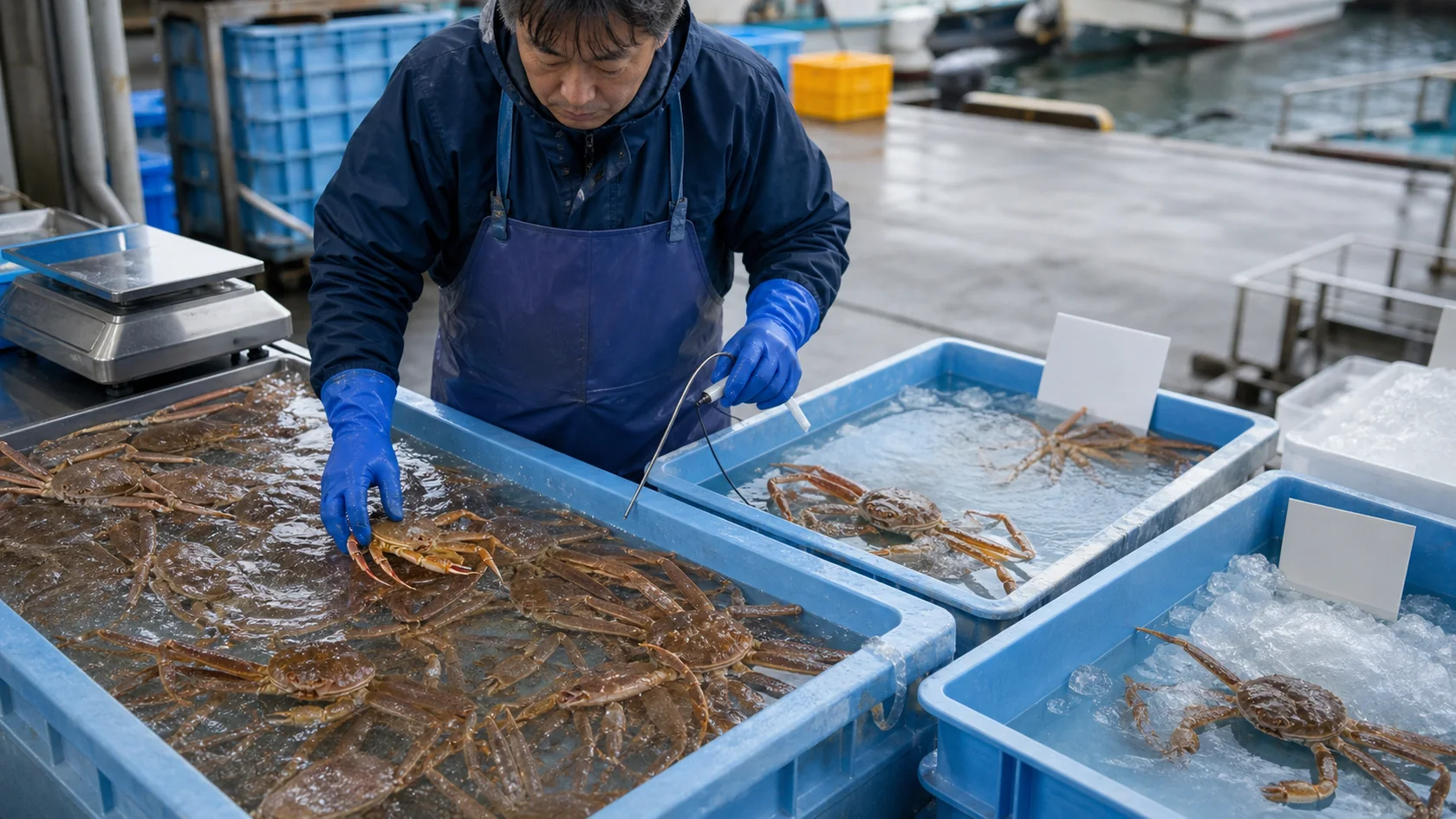 新温泉町の松葉ガニ荷さばき場で活力低下・脚折れ・重量違いを隔離し、仕入ロットと保冷記録を照合する担当者