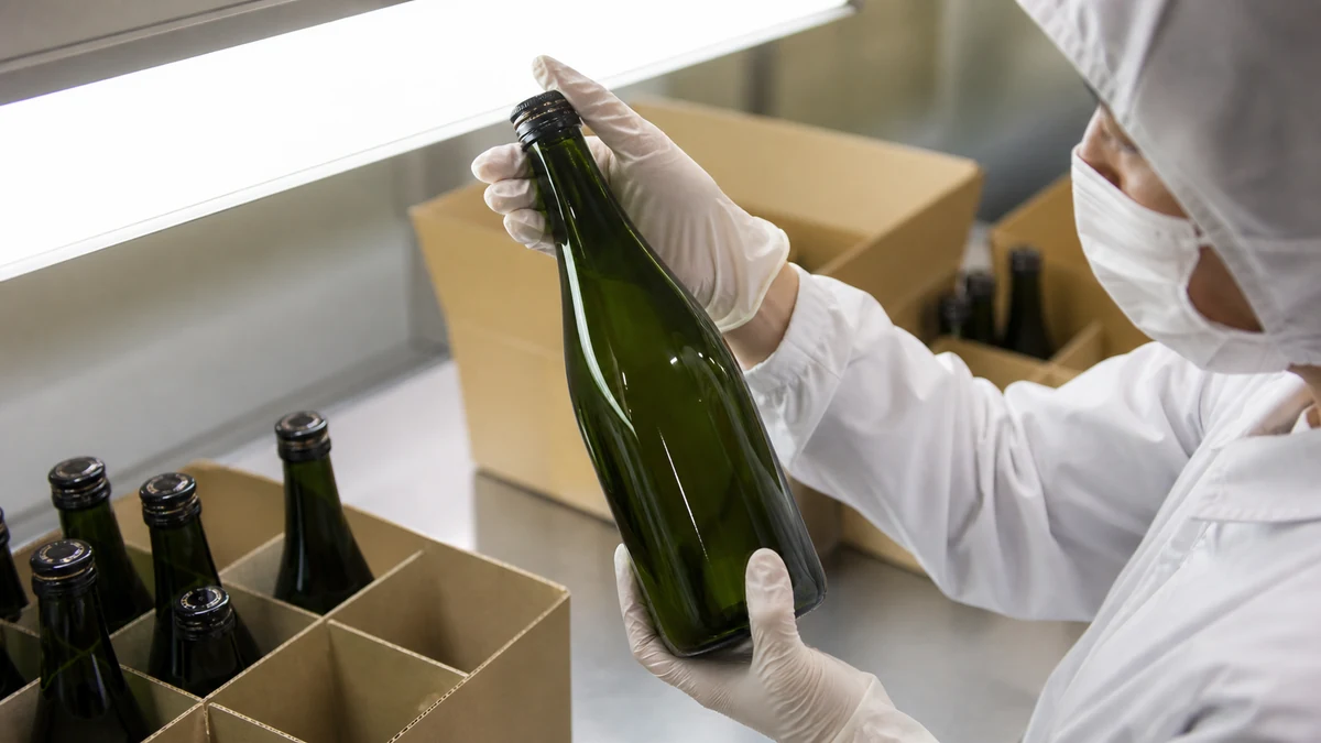 日本酒の瓶詰め出荷を想定し、瓶と栓の状態を確認する生成イメージ