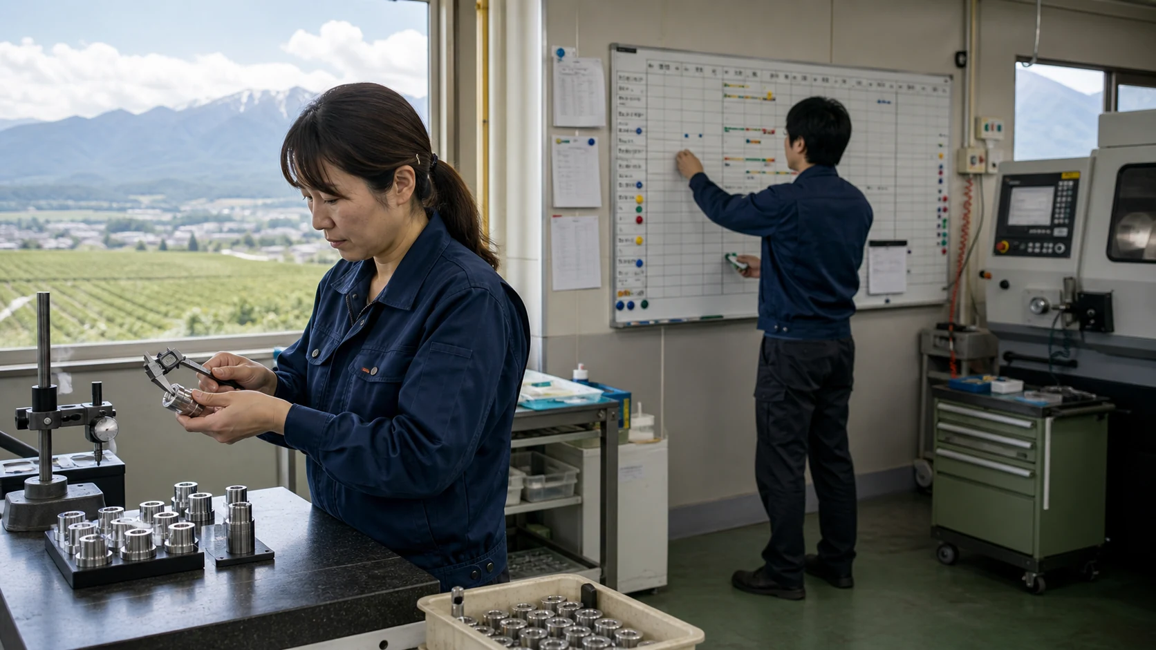 塩尻市の精密加工現場で部品検査と果実・ワインの出荷予定を確認する担当者