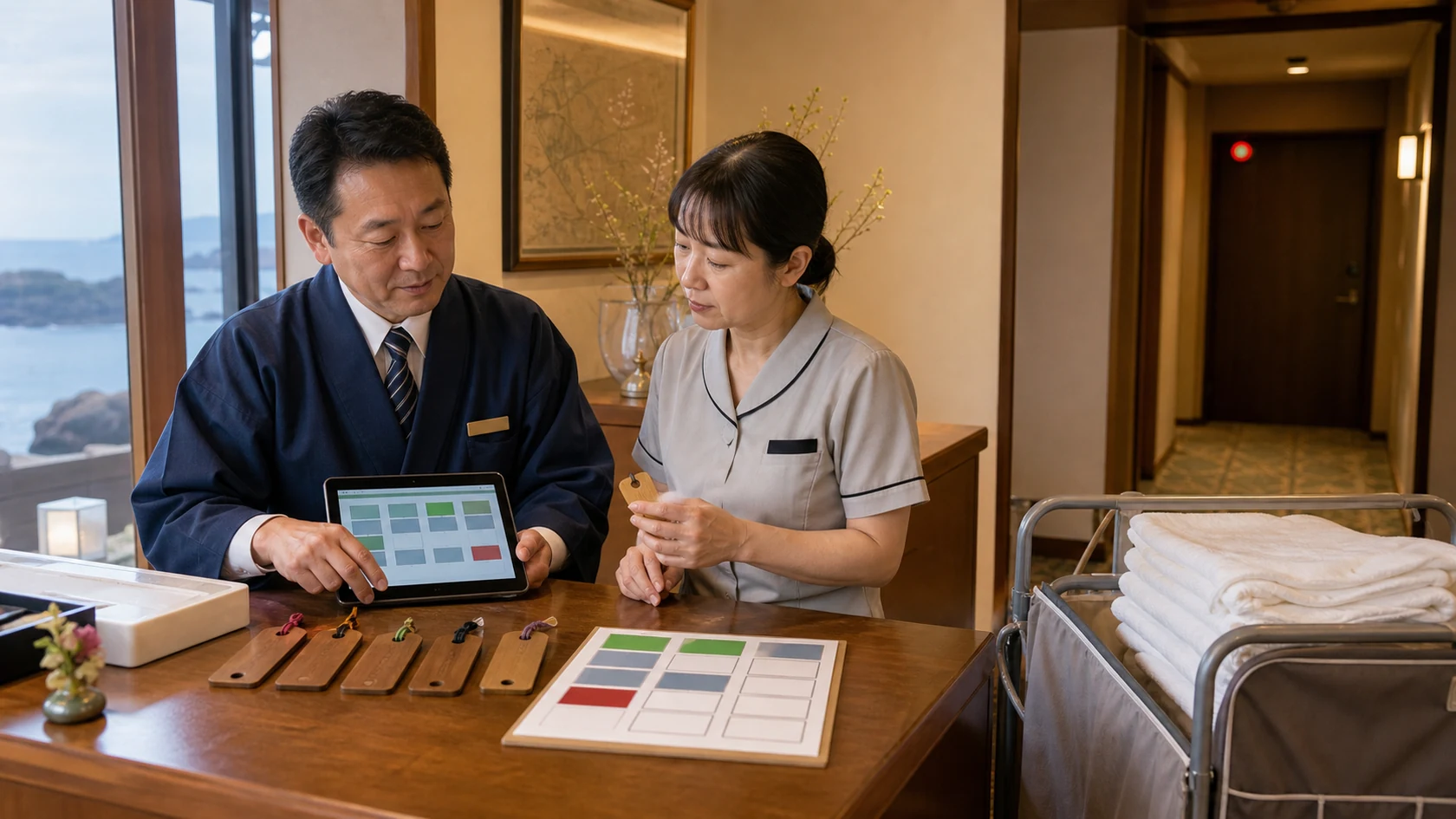 白浜町の温泉宿で予約取消・人数変更・客室設備停止を確認し、リネン・食材・宿泊税・決済予定を整理する担当者