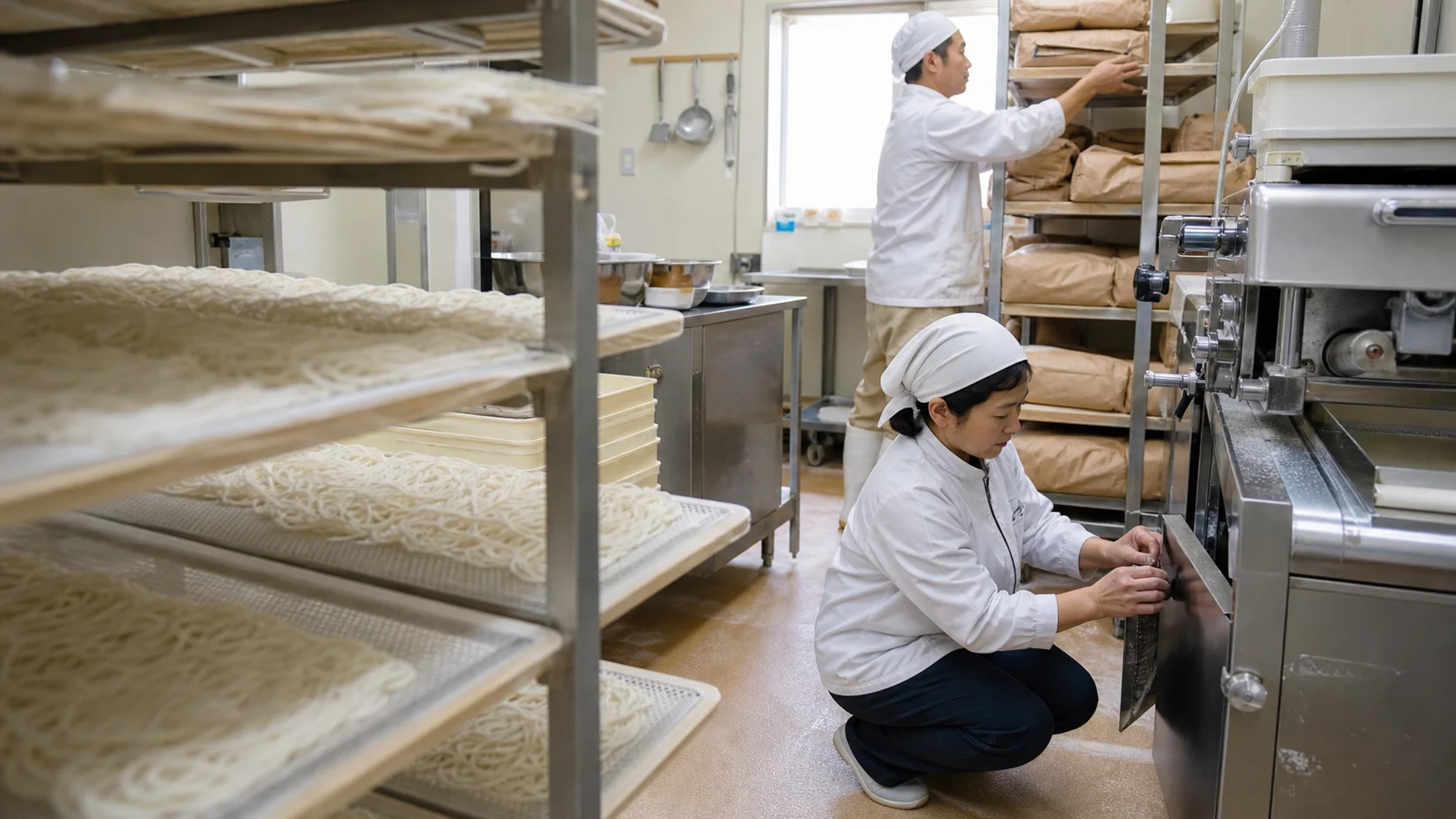 白石市の温麺工房で製麺設備の点検と小麦在庫を確認する食品事業者