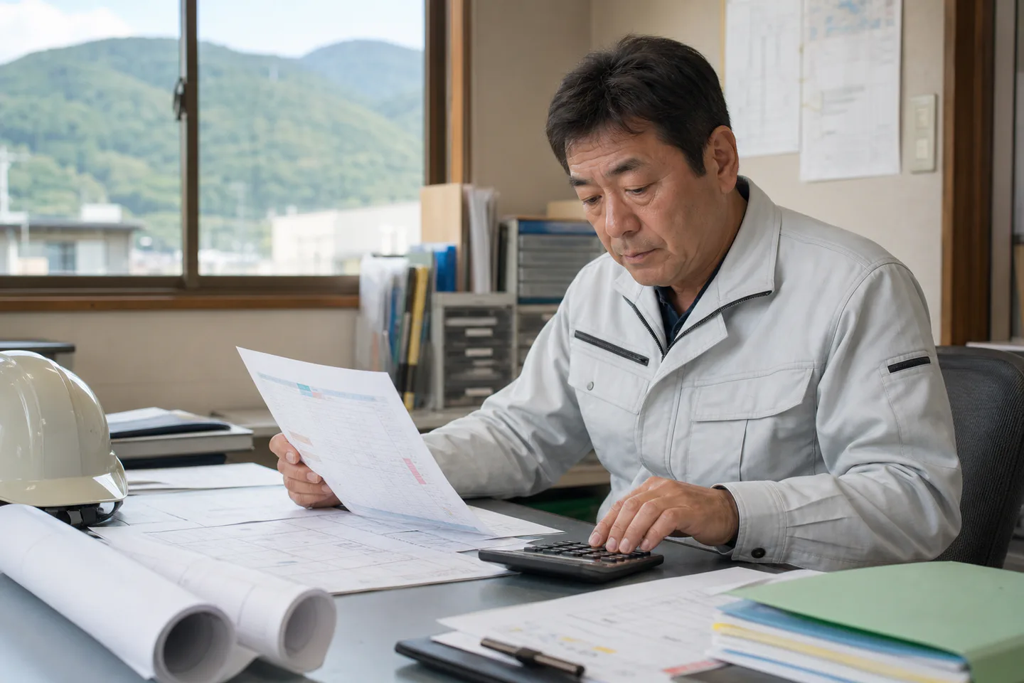 静岡市葵区の建設事業者が図面と外注費の支払予定を確認する様子