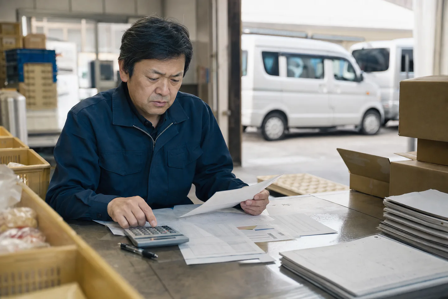 静岡市駿河区の食品・卸売事業者が仕入れと配送費の支払予定を確認する様子