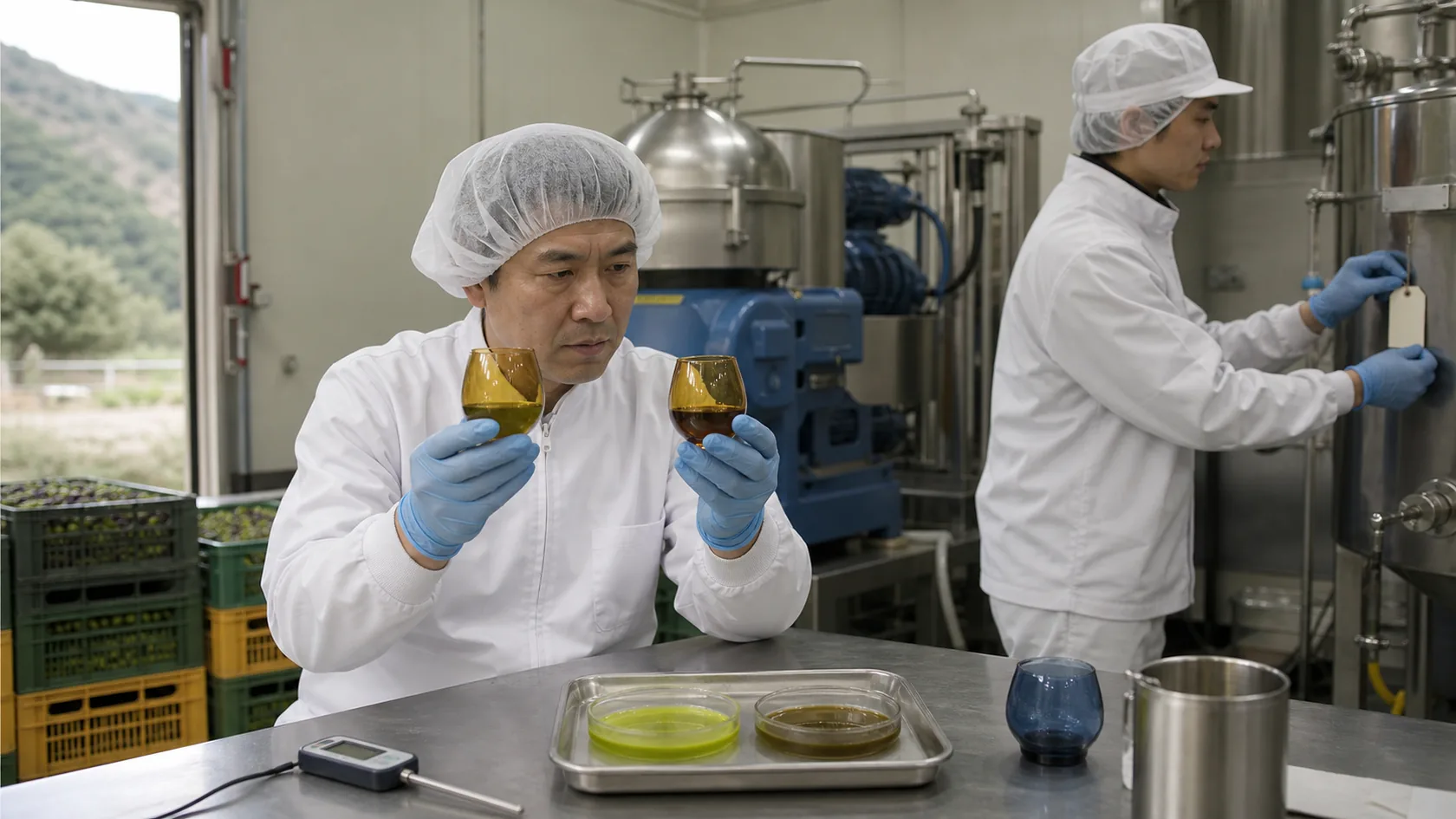 小豆島町の搾油所で酸化の兆候が出たオリーブ油の試料を官能確認し、該当タンクを隔離する担当者