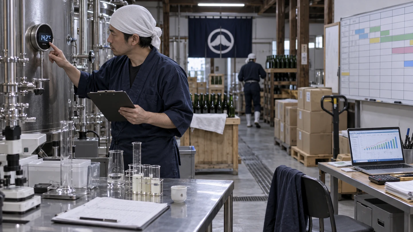 架空の製造担当者が発酵記録と瓶詰予定を確認する場面（AI生成イメージ）