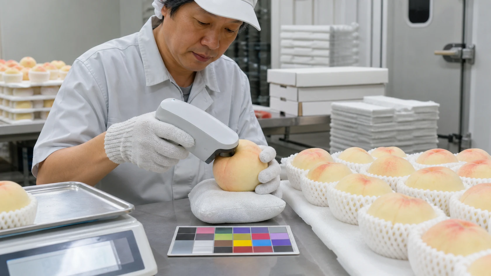 勝央町の白桃選果場で品種・収穫日・品温・熟度・糖度・硬度・箱番号を照合する担当者