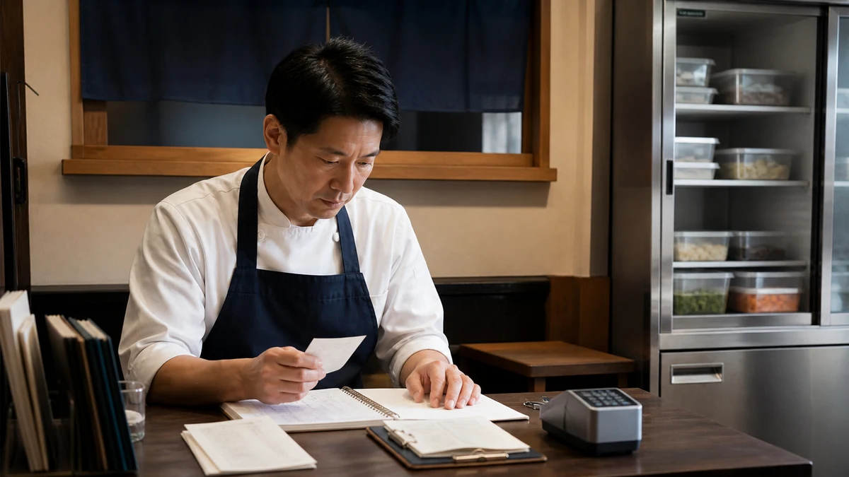 初山別村の食堂で予約資料と決済入金の明細を確認する場面を想定した生成イメージ