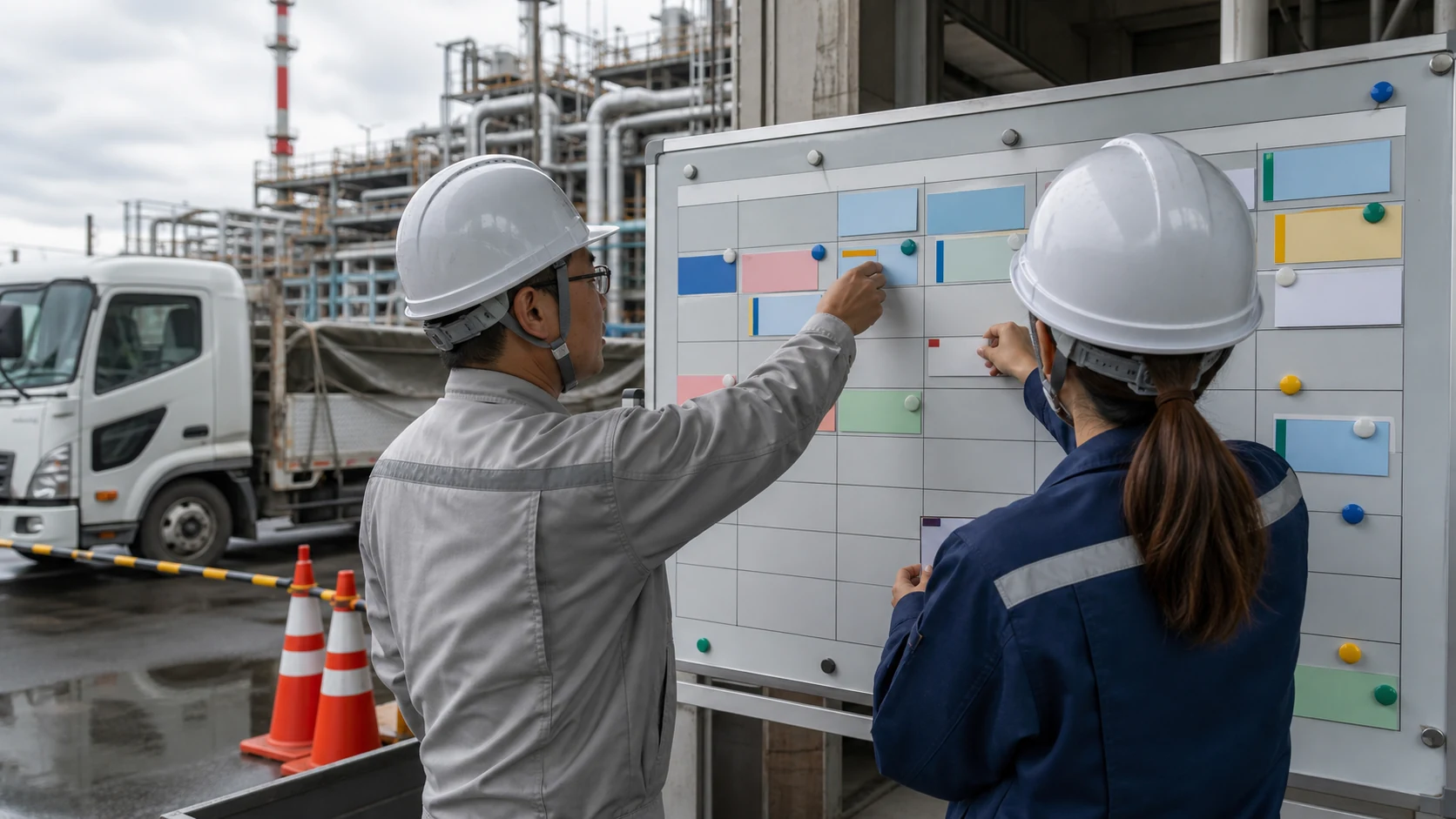 袖ケ浦市の工場保全現場で機器納入・検収・燃料支払の工程表を調整する担当者