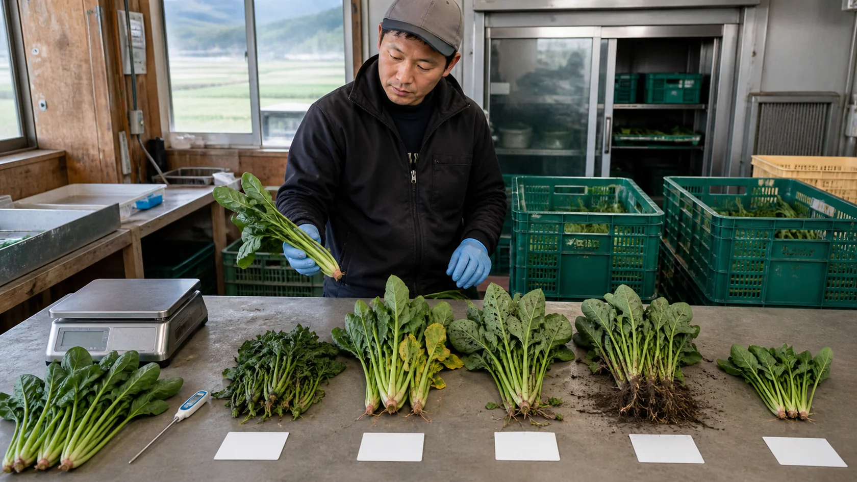 曽爾村のほうれん草調製場でしおれ・葉傷み・泥残り・重量不足袋を隔離し、圃場と予冷記録を照合する担当者