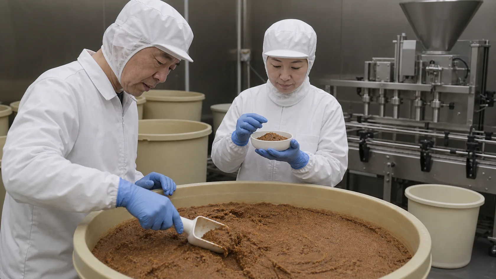 須恵町のみそ工場で、熟成槽のみその状態を確認し充填工程を準備する作業者