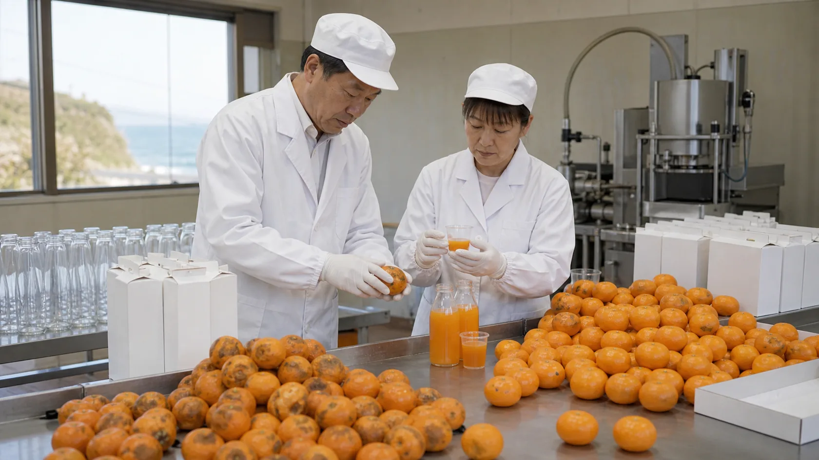 周防大島町のみかん加工場で傷果増加と糖酸値のばらつきを確認する担当者