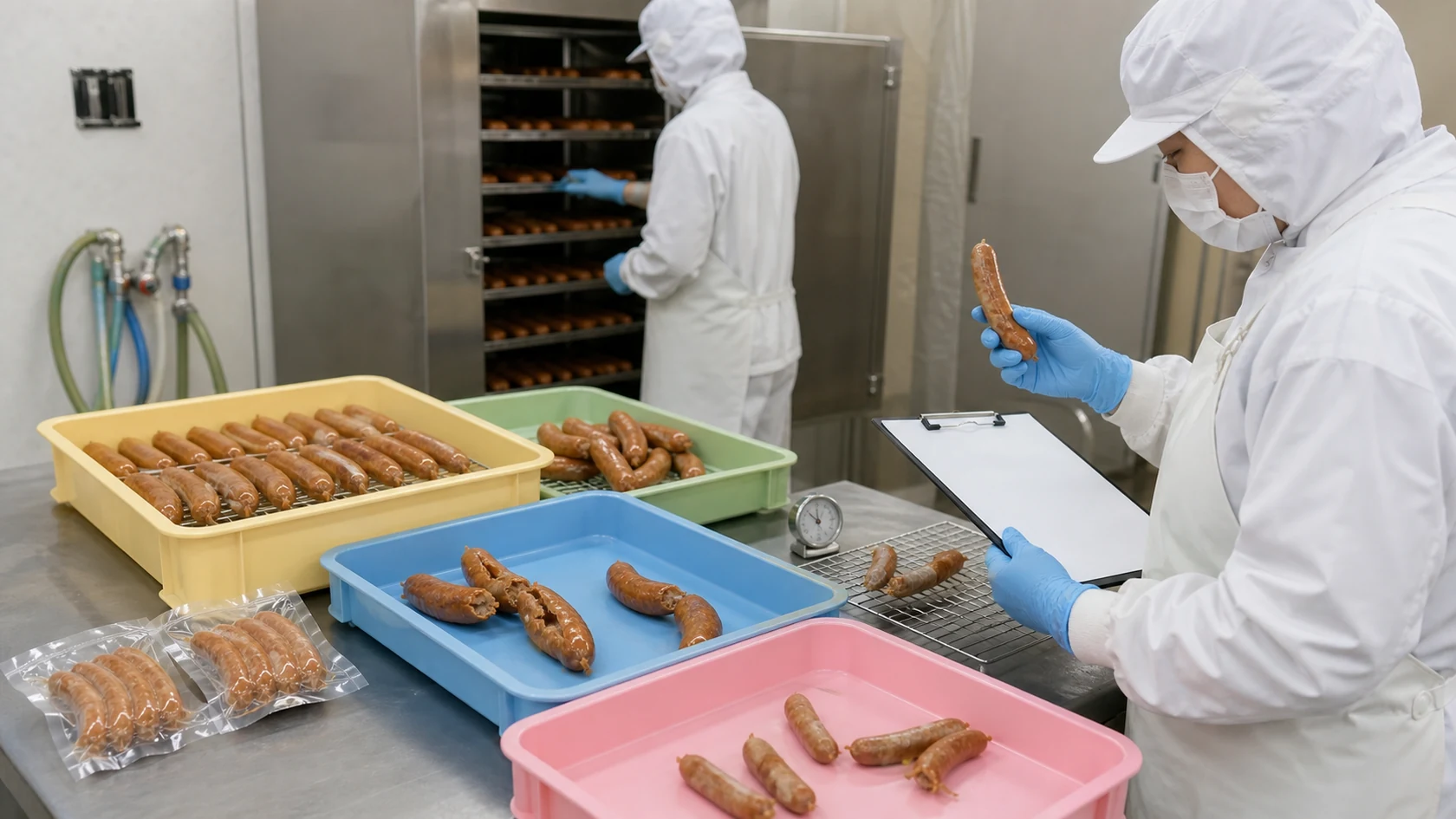 すさみ町のイノブタ加工場で温度逸脱・充填破れ・加熱不足・重量差の製品を隔離し、仕入れと加熱記録を照合する担当者