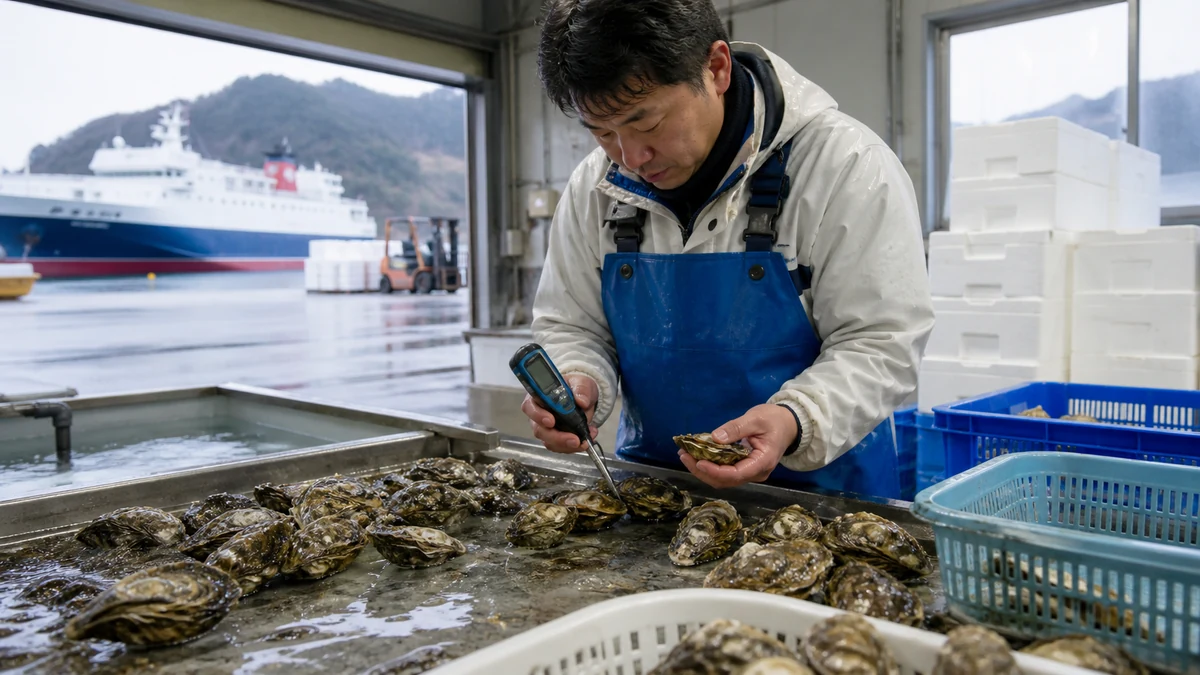 寿都町のカキ出荷施設で寿かきの殻・活力・サイズ・蓄養水温と出荷箱を確認し、活出荷数を調整する担当者