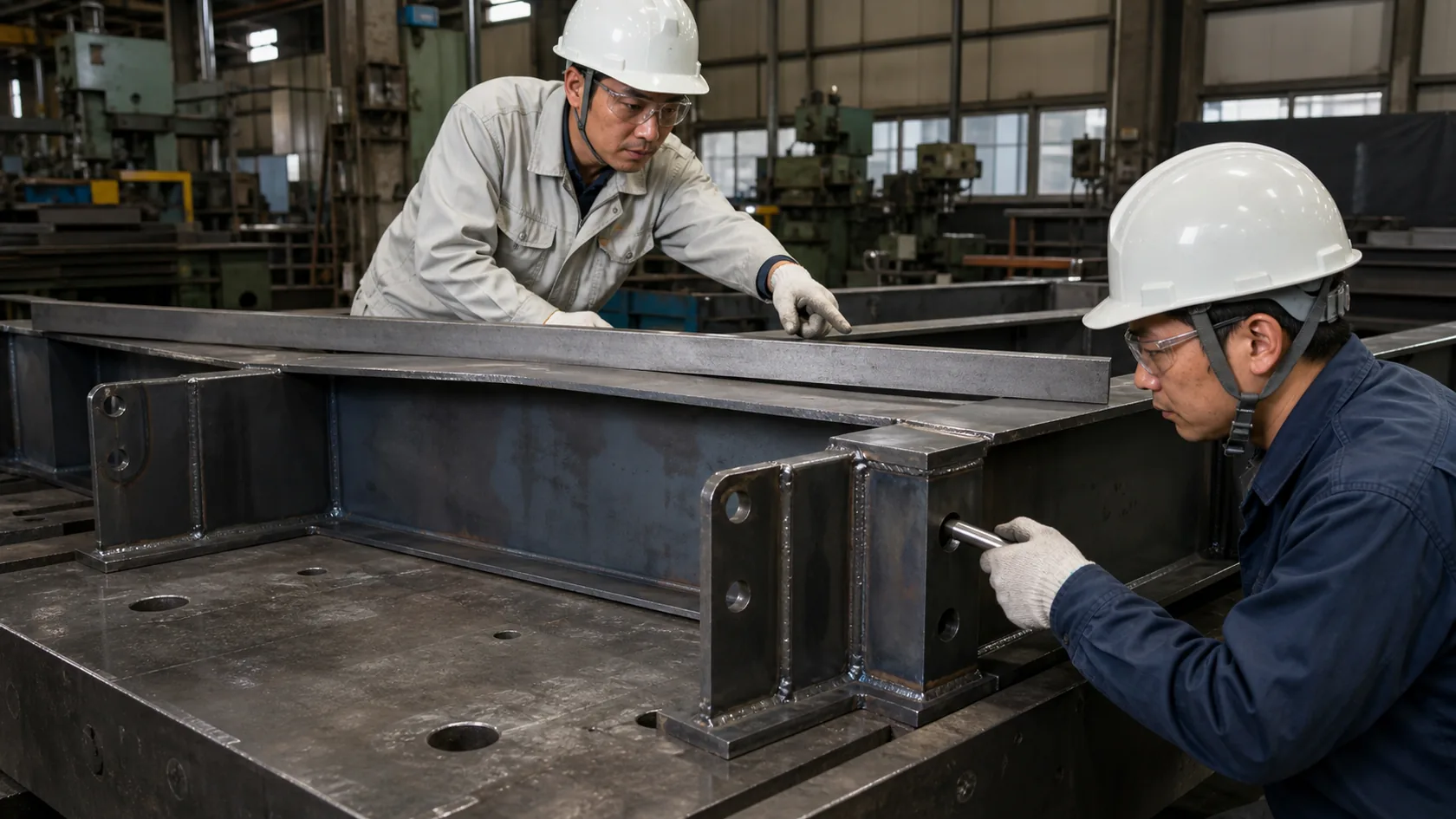 田布施町の金属加工工場で溶接後の反りと穴位置ずれが見つかった大型受注品を測定する検査員
