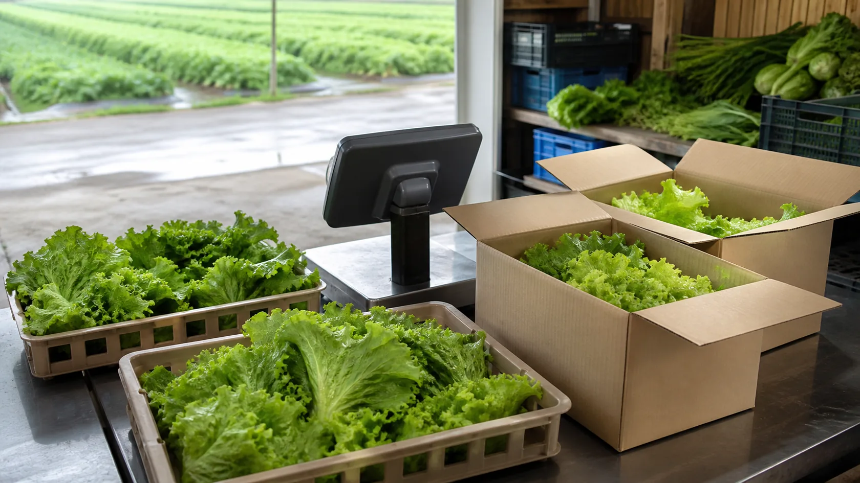 レタスの出荷数量と箱詰めを照合する想定場面（AI生成の説明用イメージ）