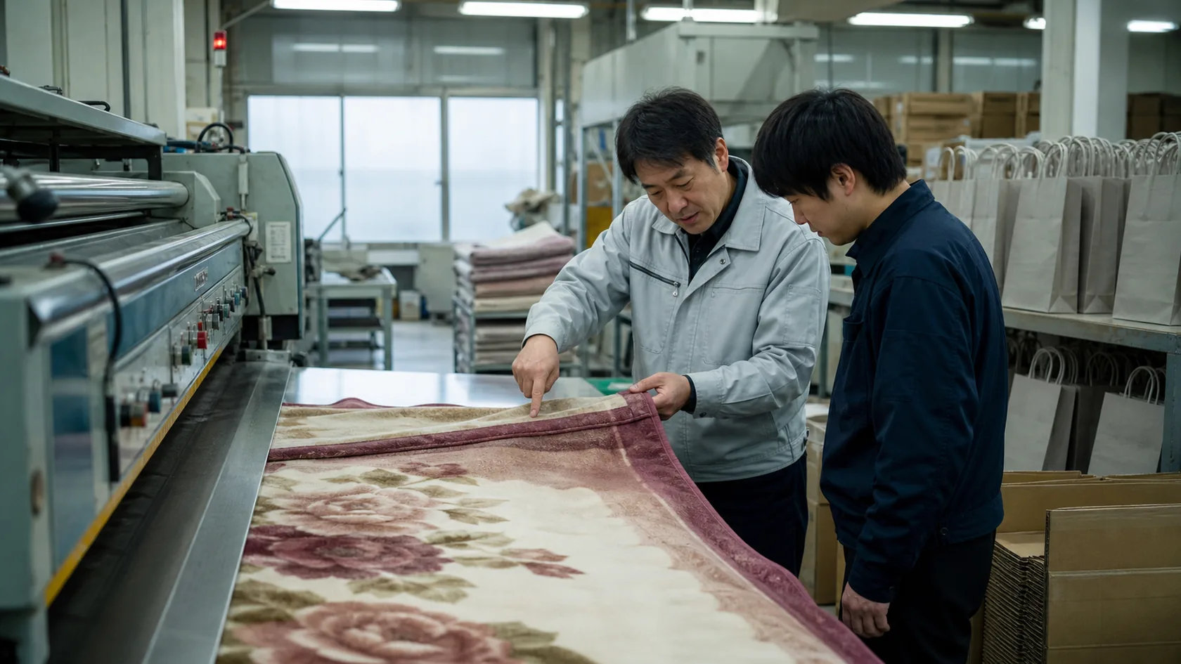 忠岡町の毛布工場で熱収縮による寸法外れと毛羽の差を確認する作業者