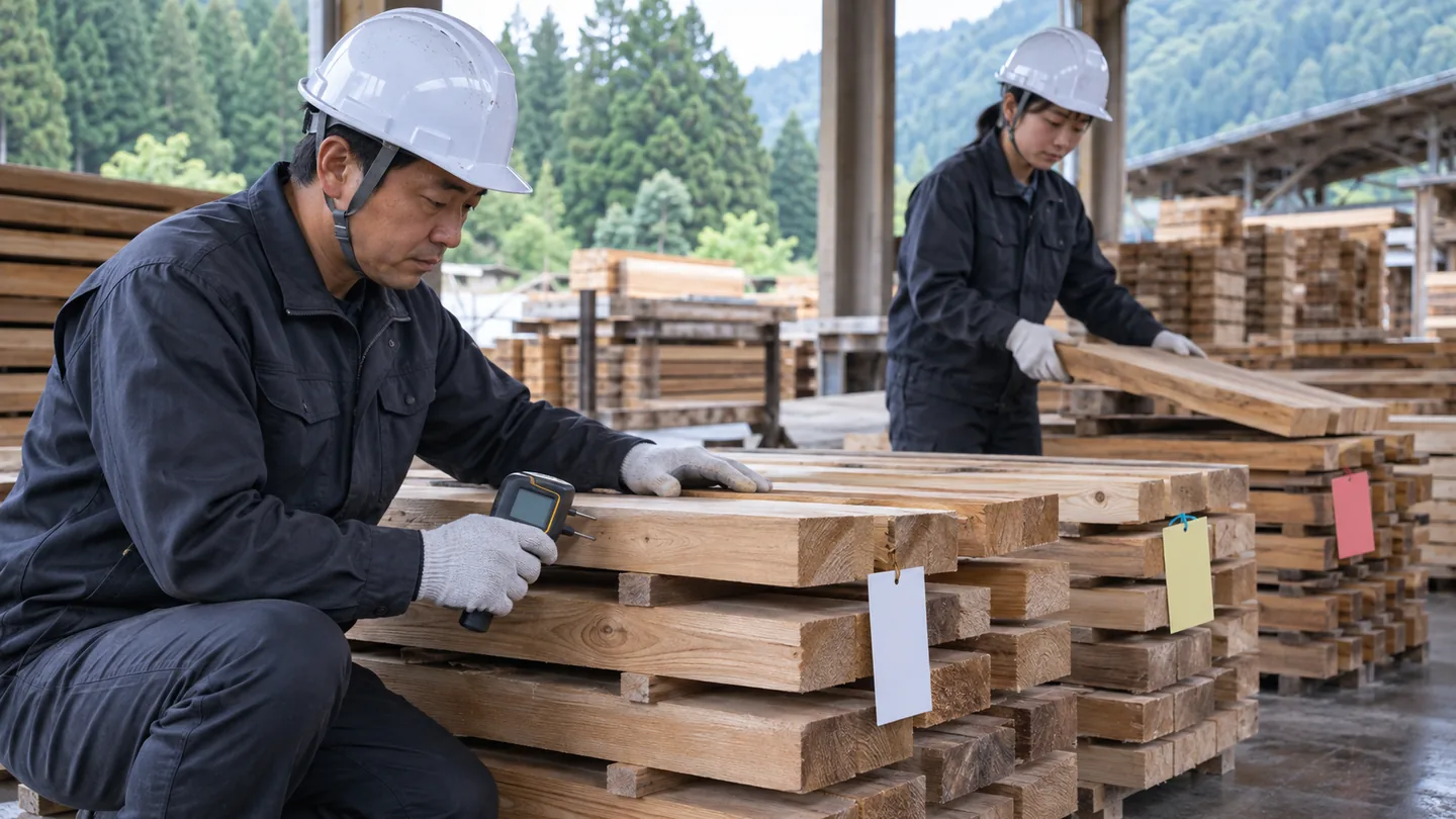 架空の担当者が木材の含水率と束番号を照合する場面（AI生成イメージ）