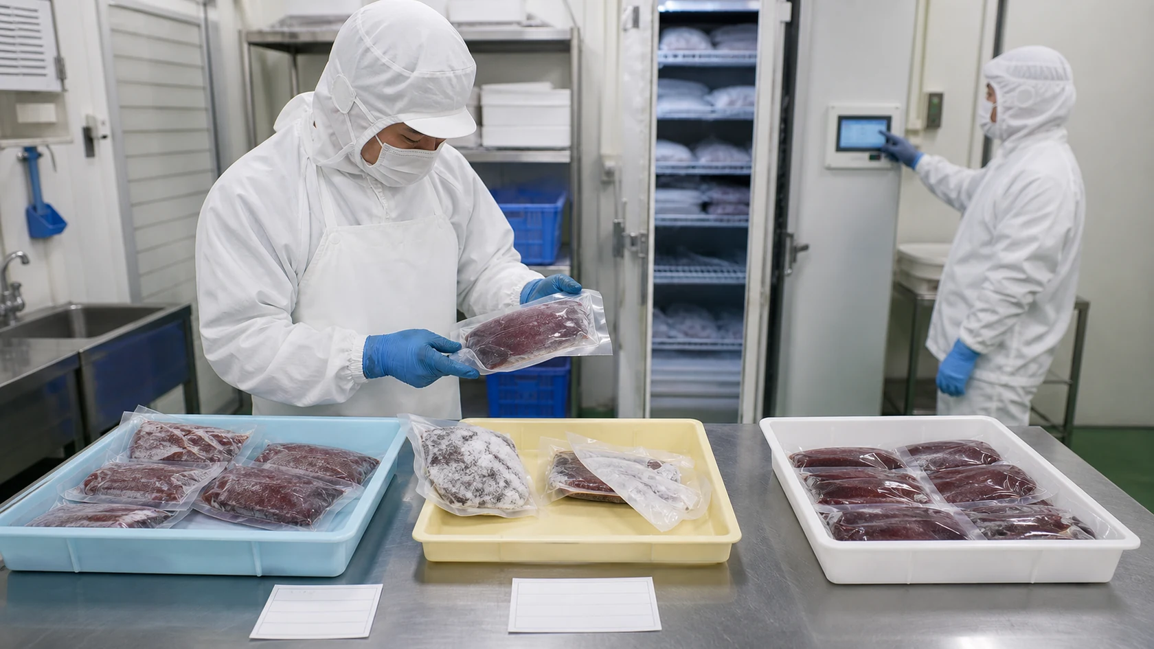 太地町の鯨肉加工場で温度逸脱・整形ロス・冷凍焼け・真空漏れのパックを隔離し、仕入証憑と凍結記録を照合する担当者