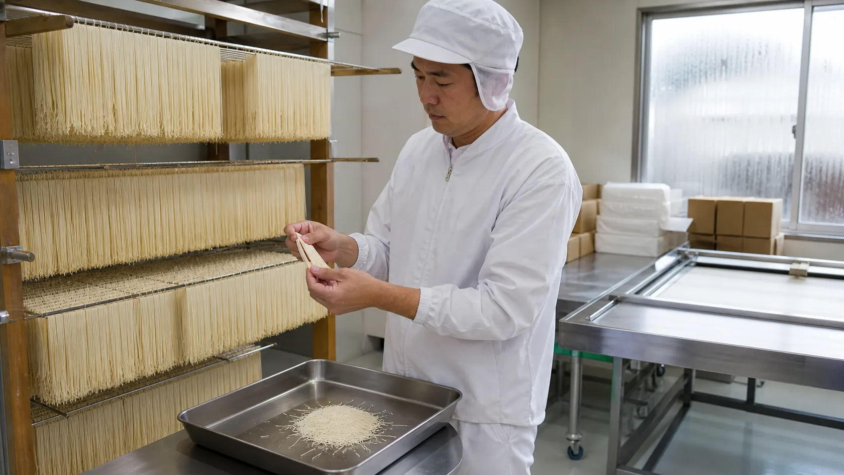 太子町の製麺所で、乾燥棚に掛けた手延そうめんの太さと乾き具合を確認する作業者