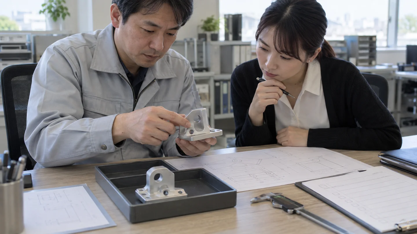 加工部品の測定結果と書類を照合する場面（AI生成イメージ）