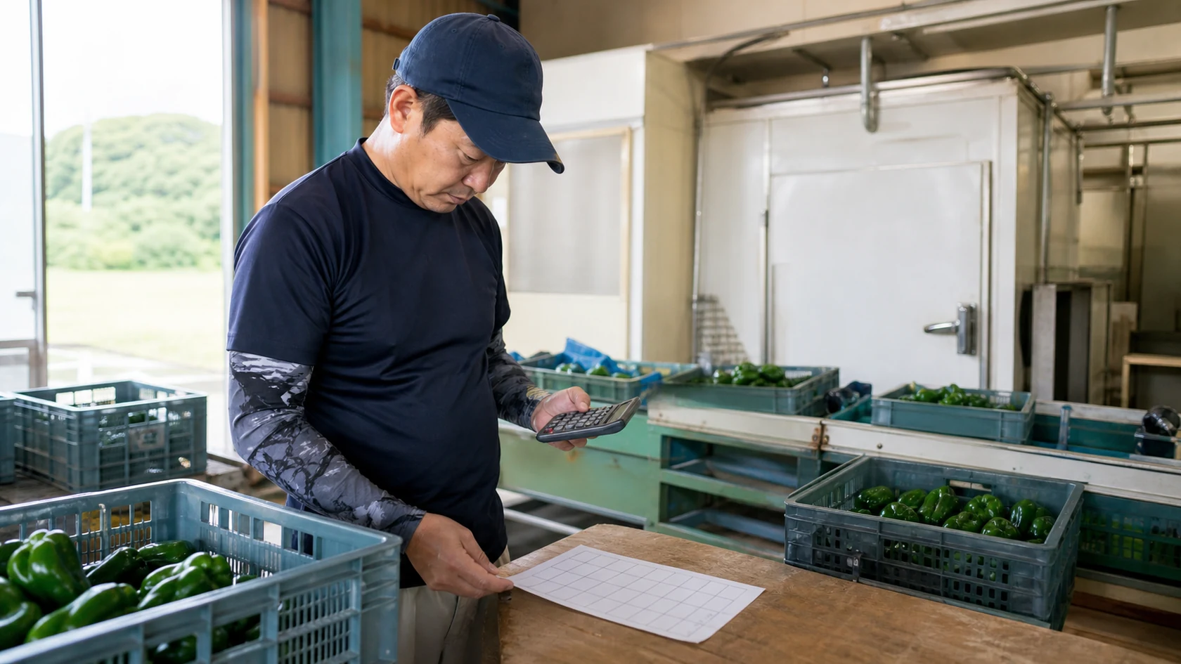 施設野菜の選果ロットと仕切精算資料を確認する架空農家（AI生成の説明用イメージ）