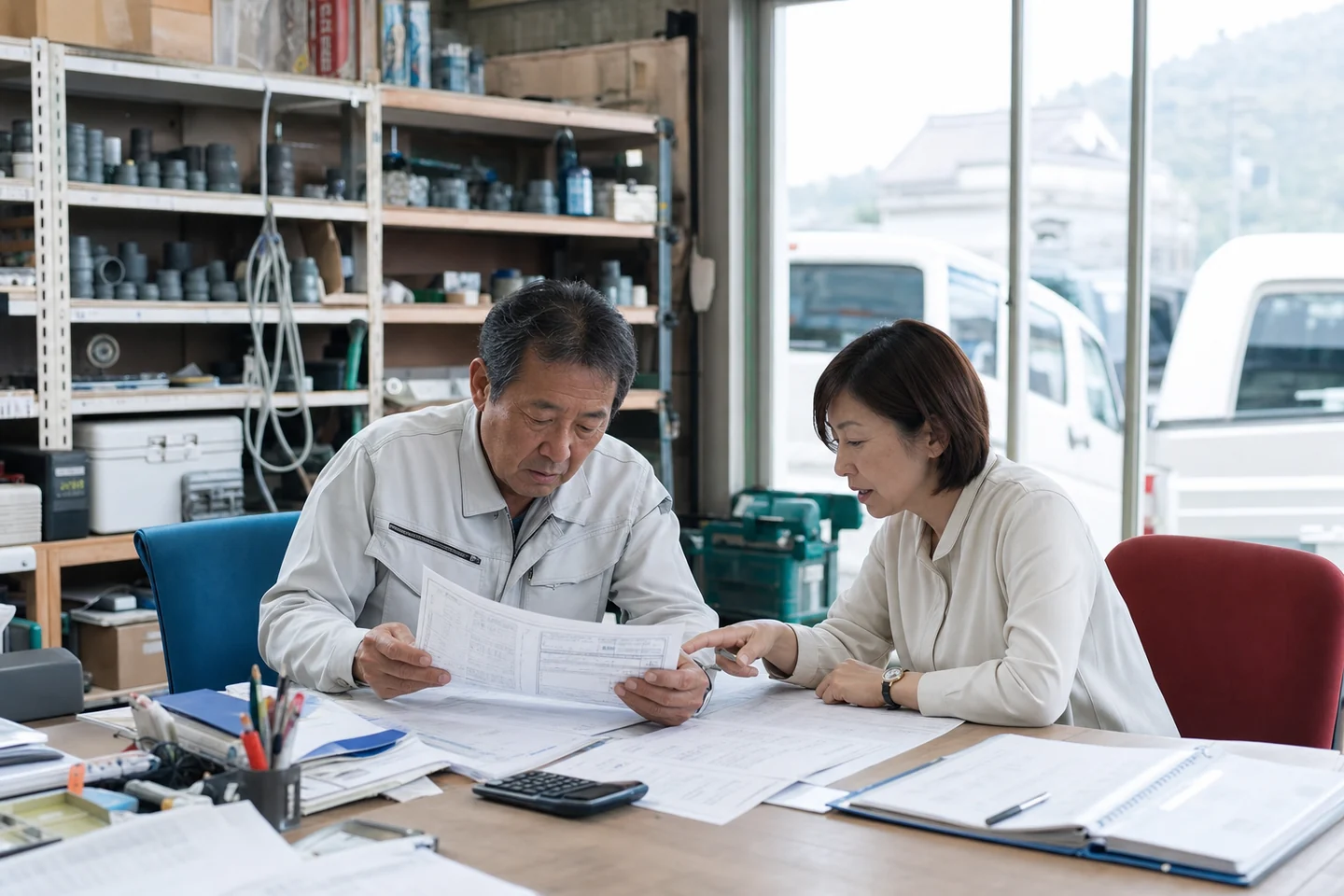 高松市の設備工事会社で経営者が材料見積と協力会社請求書を確認する様子