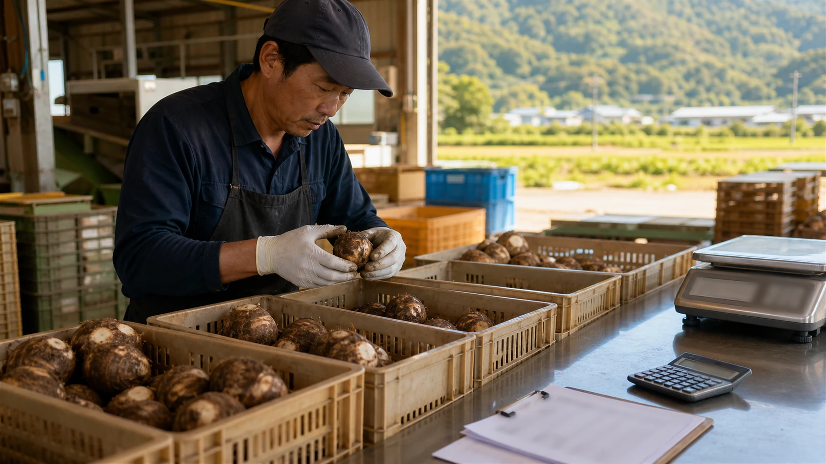 里芋の選別記録と集荷精算書を確認する架空の農家（AI生成の説明用イメージ）